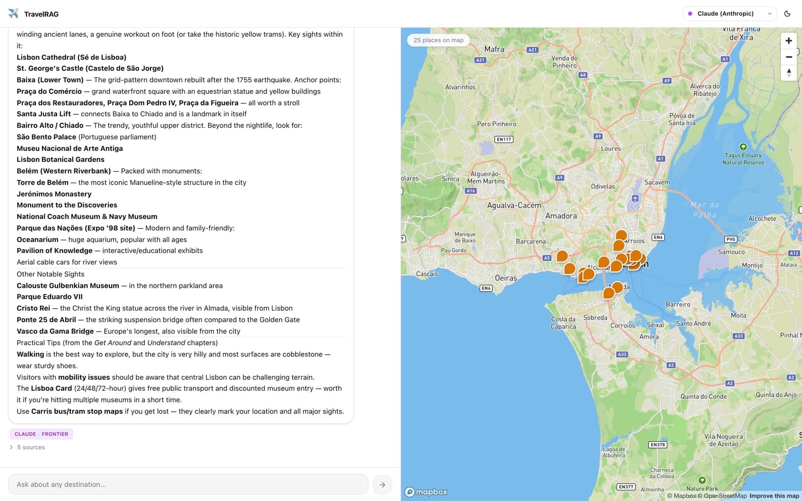 The live site today: a cited answer from the Wikivoyage corpus, with every place it names pinned on the map as the text streams.
