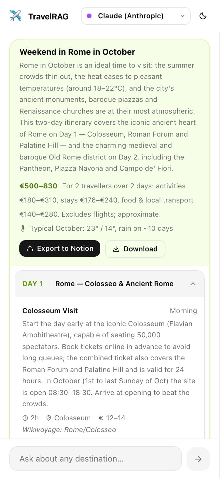 The same trip card on a phone (375 px wide): summary, cost, weather and actions stack in one column.
