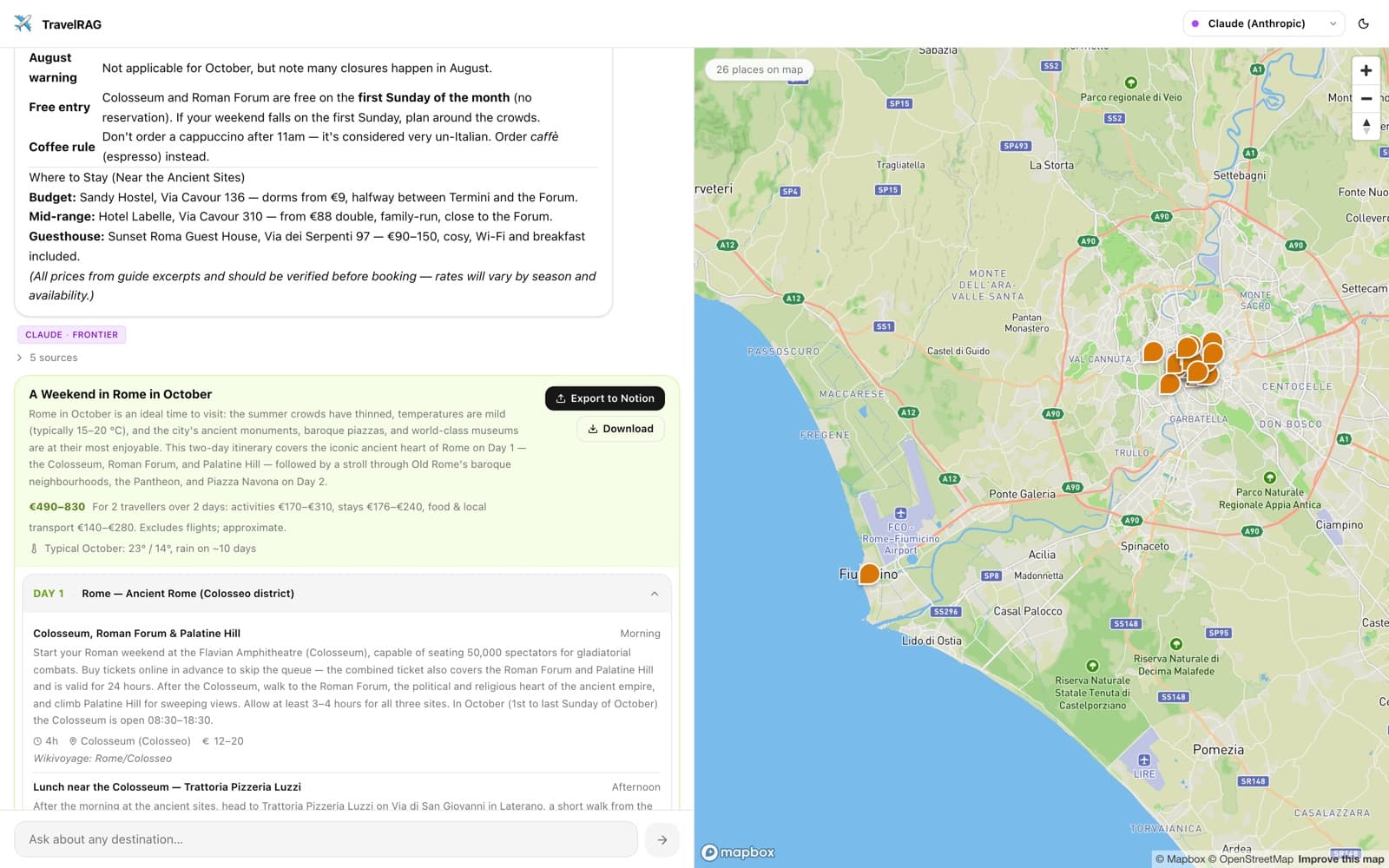 A trip plan on the live site: day-by-day activities with Wikivoyage sources, a cost range summed from the plan, typical weather for the month, and every stop on the map.